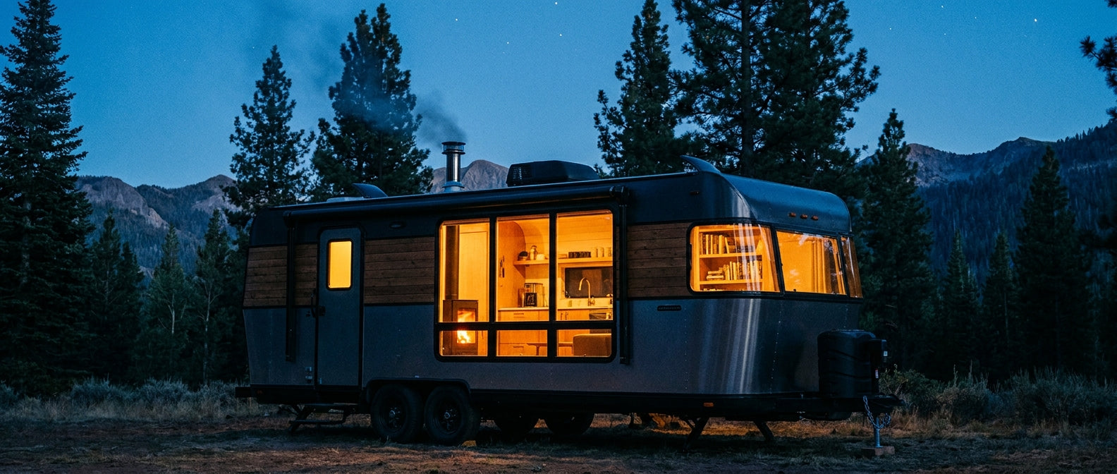 A modern destination trailer glowing warmly from within, parked among pine trees with mountains visible under a dusky twilight sky.