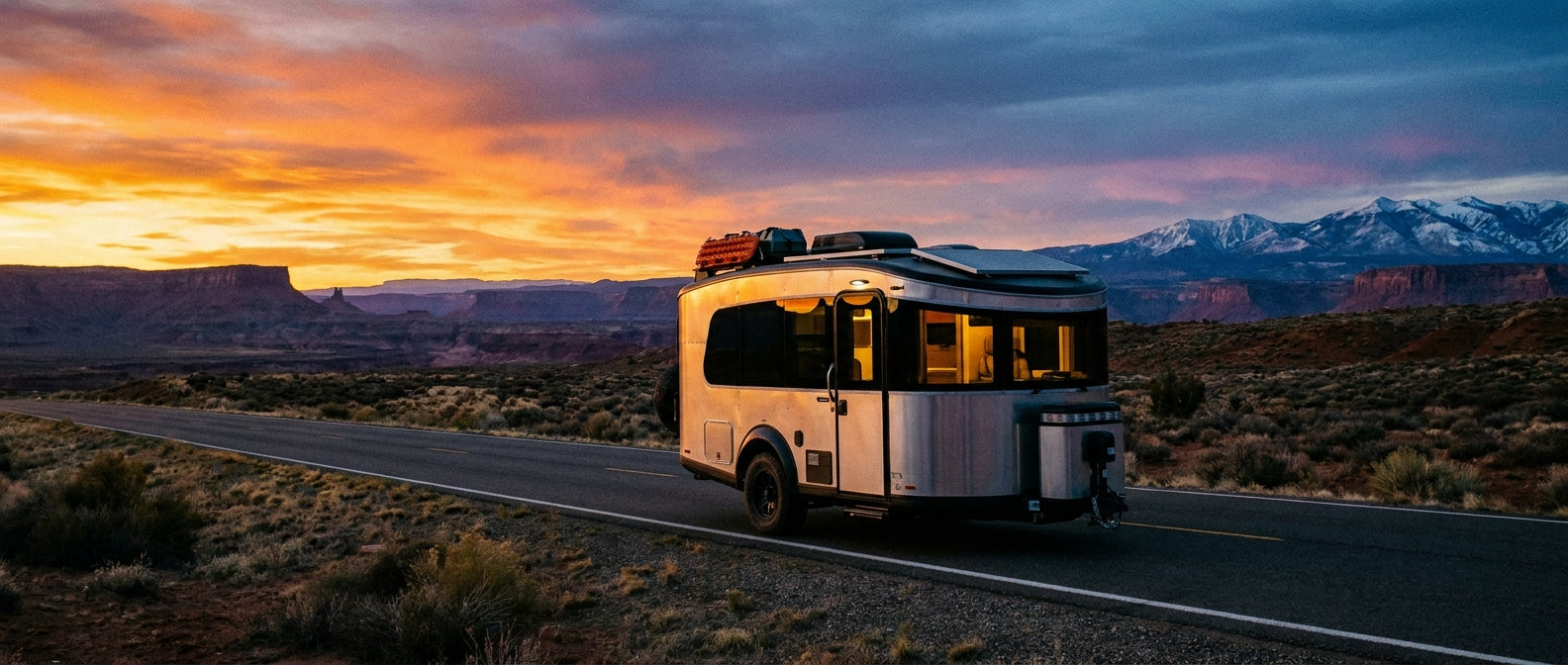 A modern RV parked on an open highway under a dramatic sky blending warm sunset and cool blue tones, with glowing interior lights suggesting comfort across all seasons and climates.