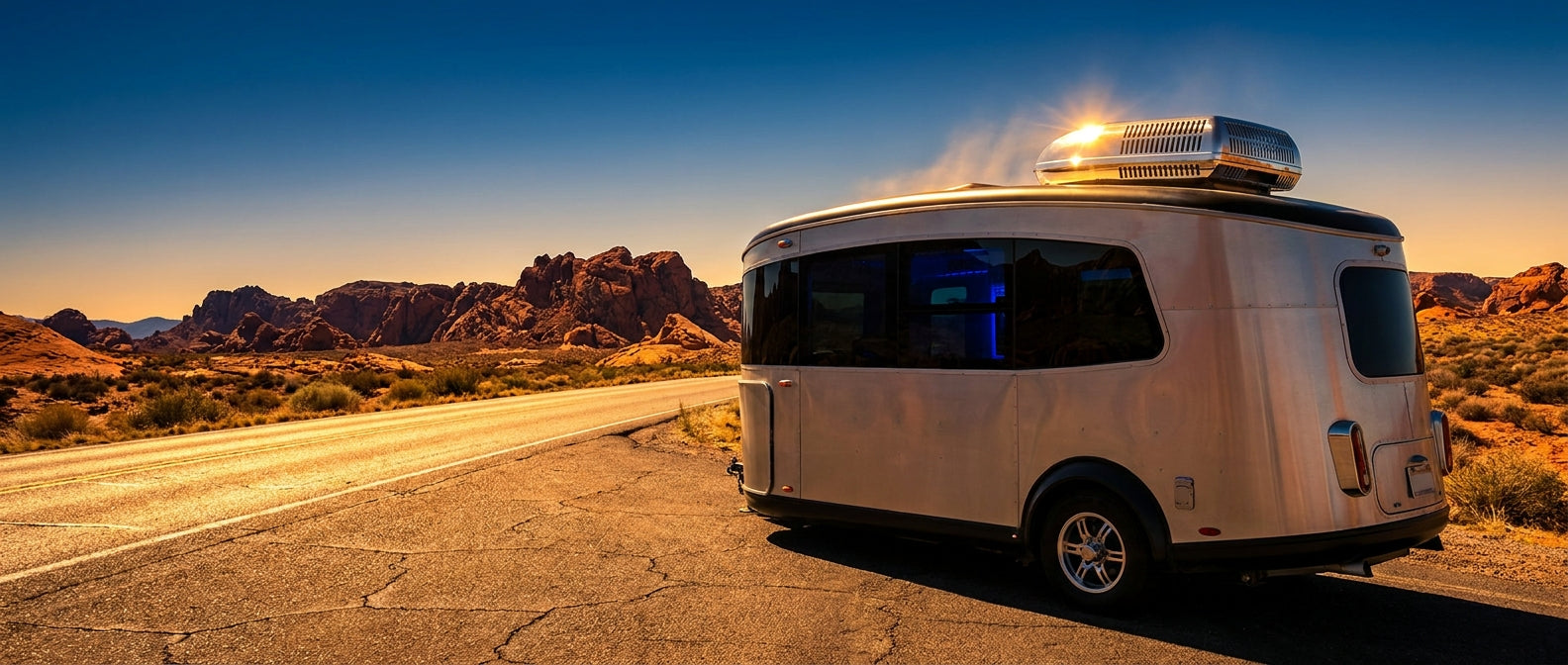 A modern RV parked on a desert highway under a blazing summer sky, with a rooftop air conditioning unit visible on the roof against a backdrop of red rock formations.