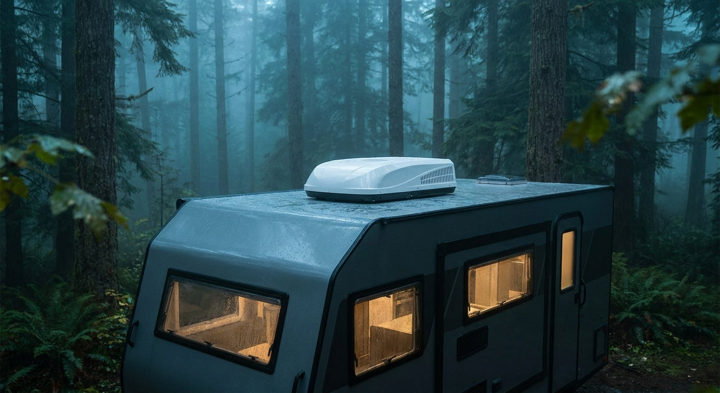 A white rooftop RV air conditioner unit mounted on a travel trailer surrounded by misty, humid forest air at dusk with condensation visible on nearby surfaces.