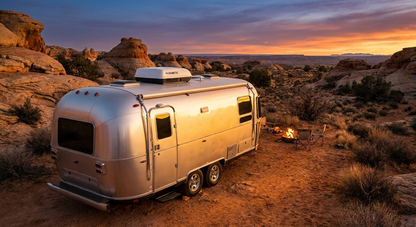 A white rooftop RV air conditioner mounted on a travel trailer parked at a desert campsite under a dramatic golden hour sky.