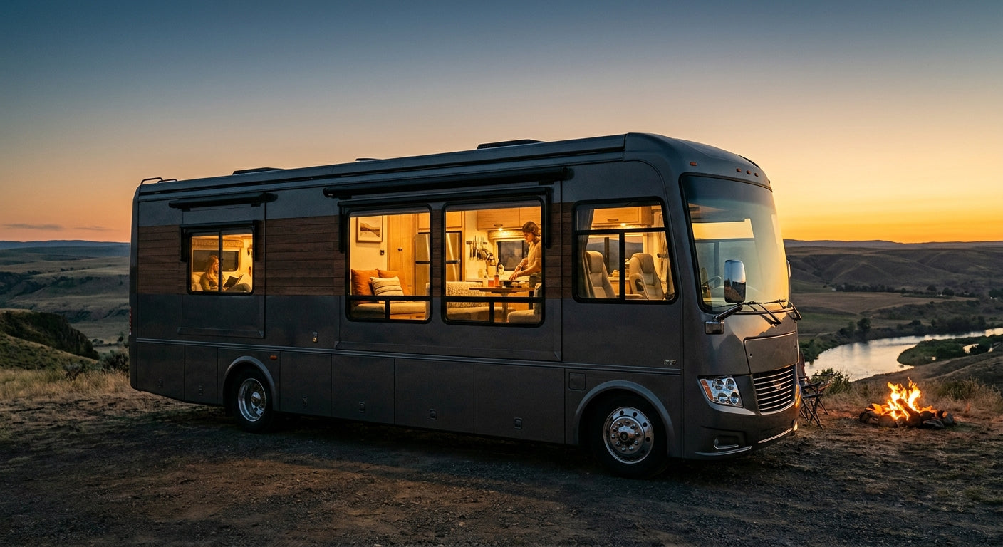 A modern RV parked at a scenic campsite glowing with warm interior light at golden hour, surrounded by open skies and rolling hills.