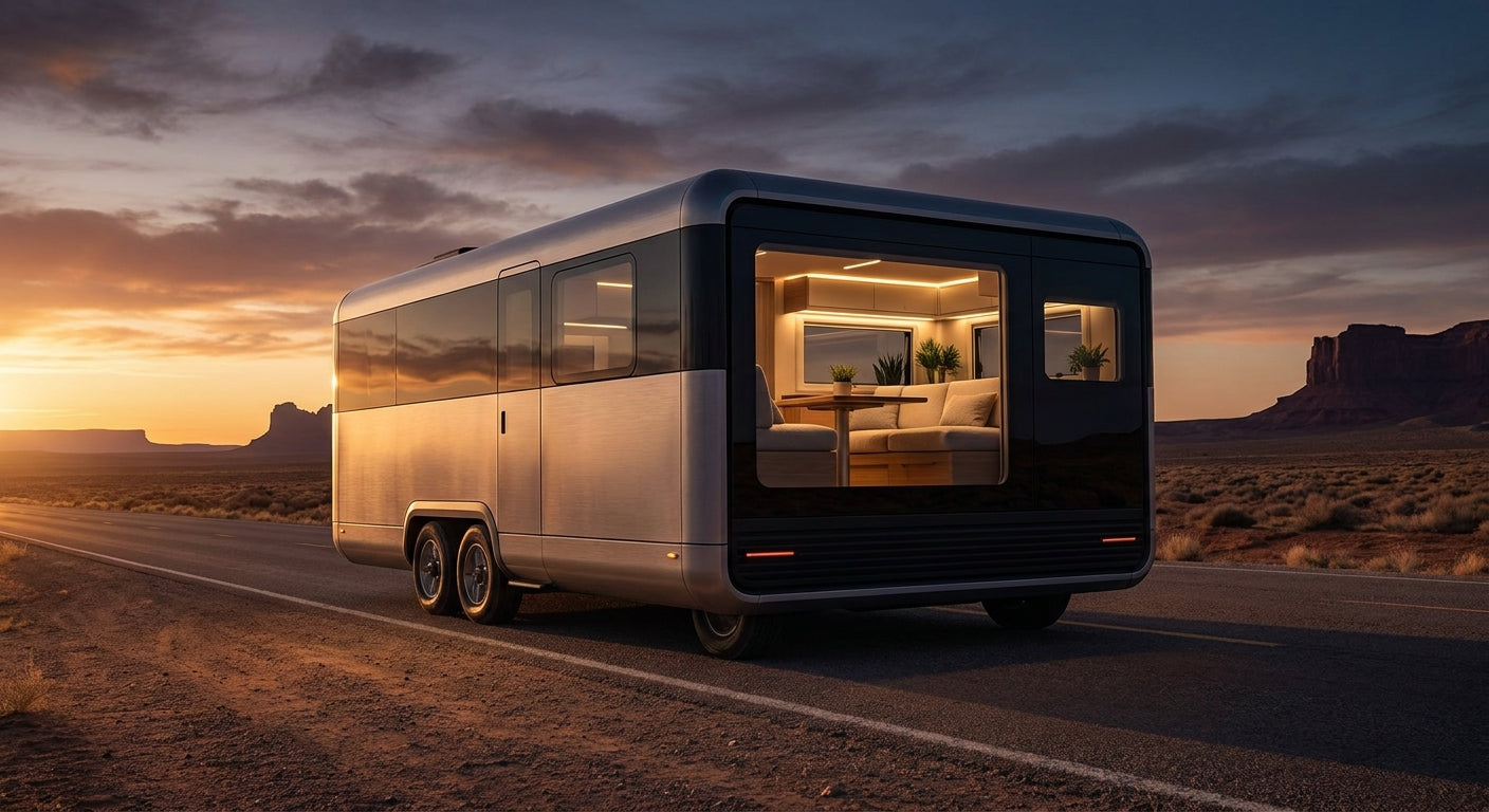 A modern RV parked on a desert highway at golden hour, glowing warmly from within against a dramatic open sky and rugged landscape.