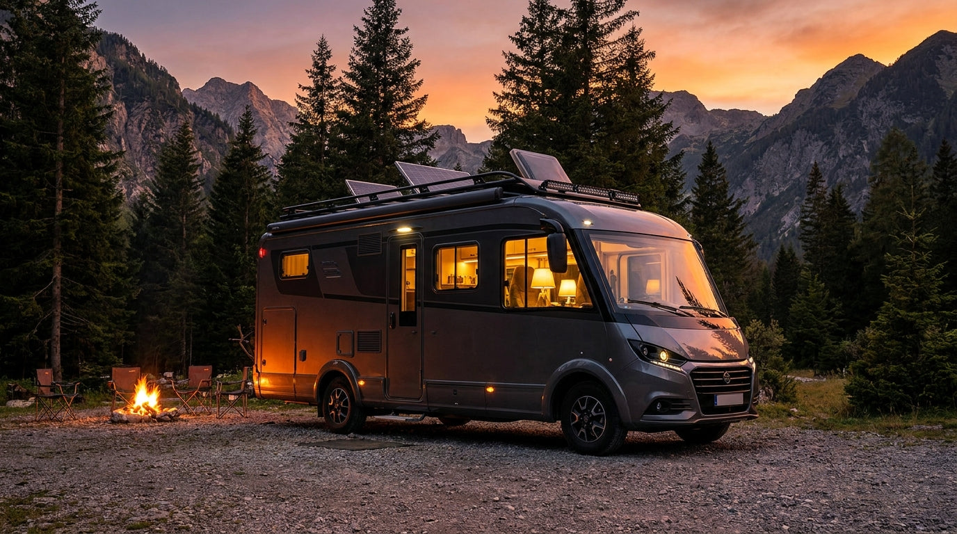 A modern RV parked at a scenic pine-forested campsite during golden hour, with warm light glowing from inside the windows against a dramatic sunset sky.