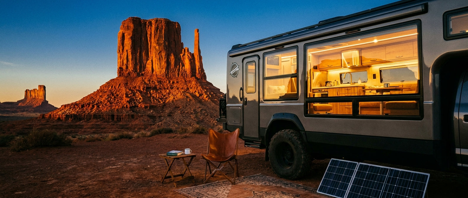 A modern RV parked in a dramatic desert landscape at golden hour, glowing warmly from within and surrounded by red rock formations, evoking off-grid luxury camping.
