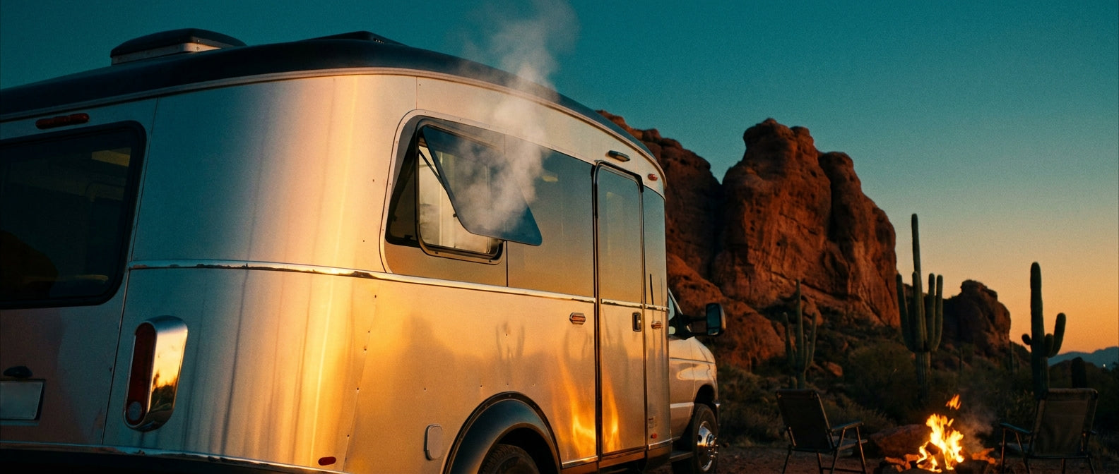 A modern RV parked at a desert campsite at golden hour with steam rising from a bathroom vent, surrounded by red rock formations under a deep teal sky.