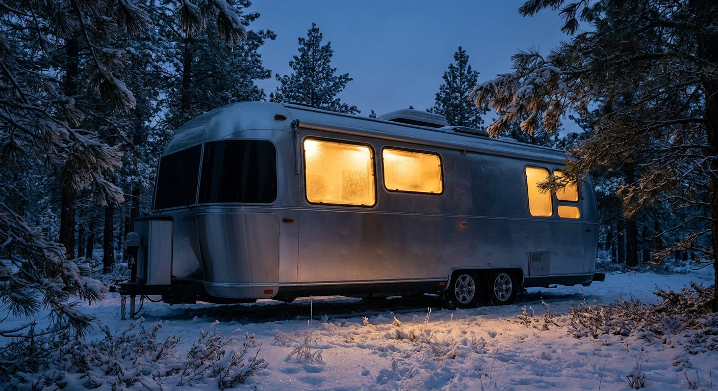 A modern RV glowing warmly from within, parked in a snow-covered pine forest at dusk with frost and ice crystals in the foreground.