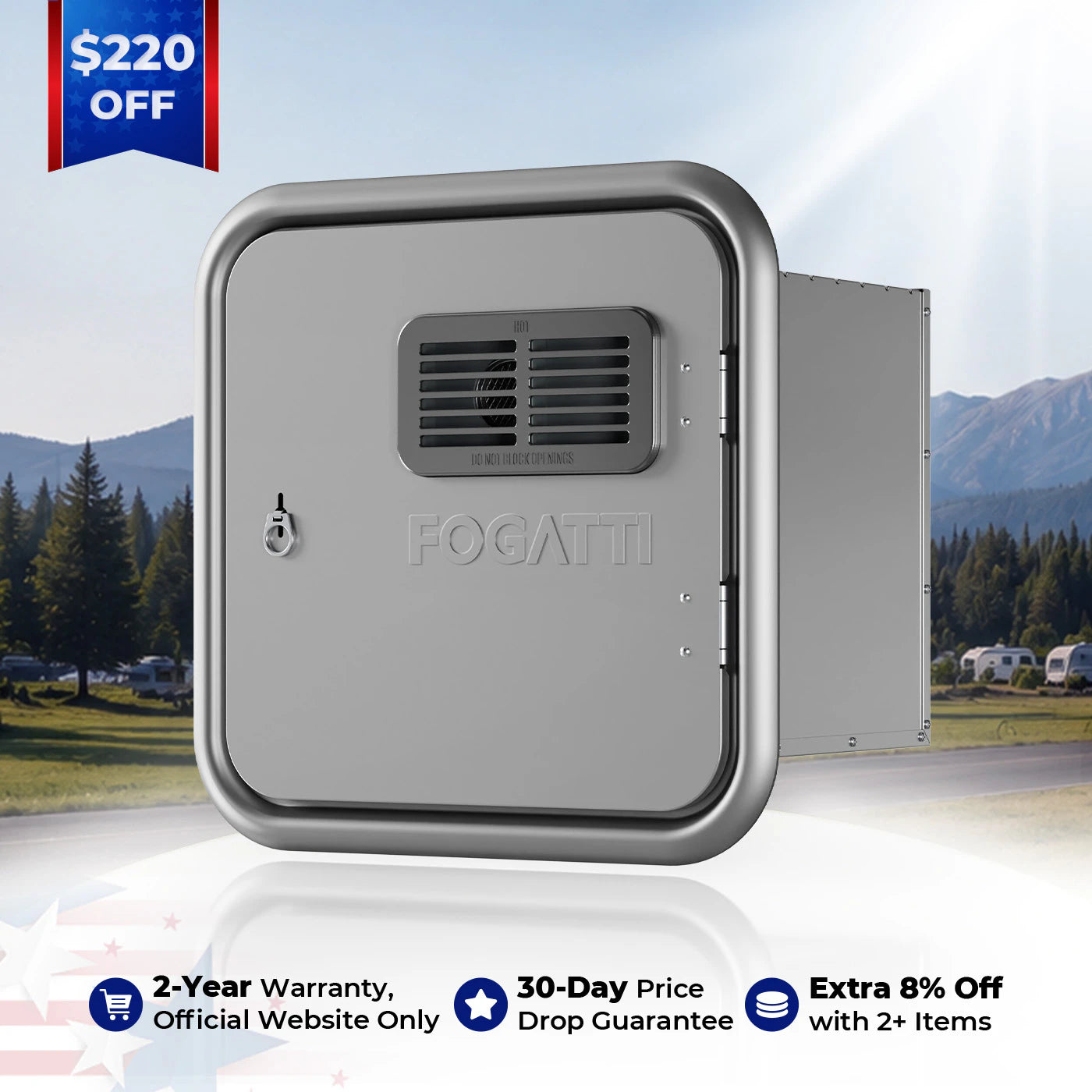 Fogatti InstaShower Ultra, 66,000 BTU, 0.5-3.9 GPM Propane RV Tankless Water Heater with Gray Door & Mixing Tank (Supreme Series)