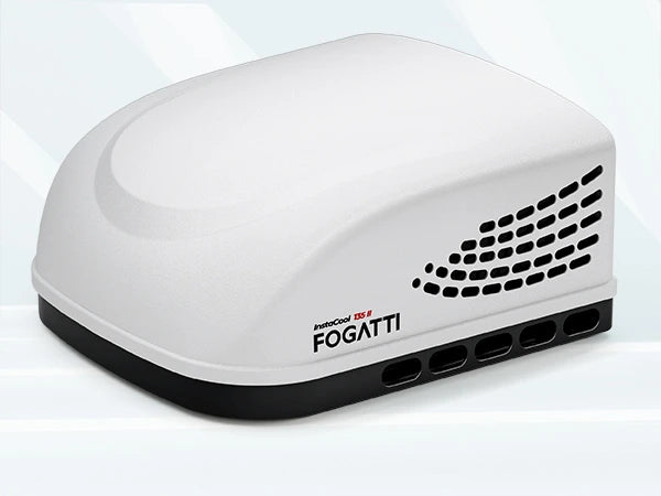 Fogatti InstaCool 13,500 BTU RV Rooftop Air Conditioner on gray background.