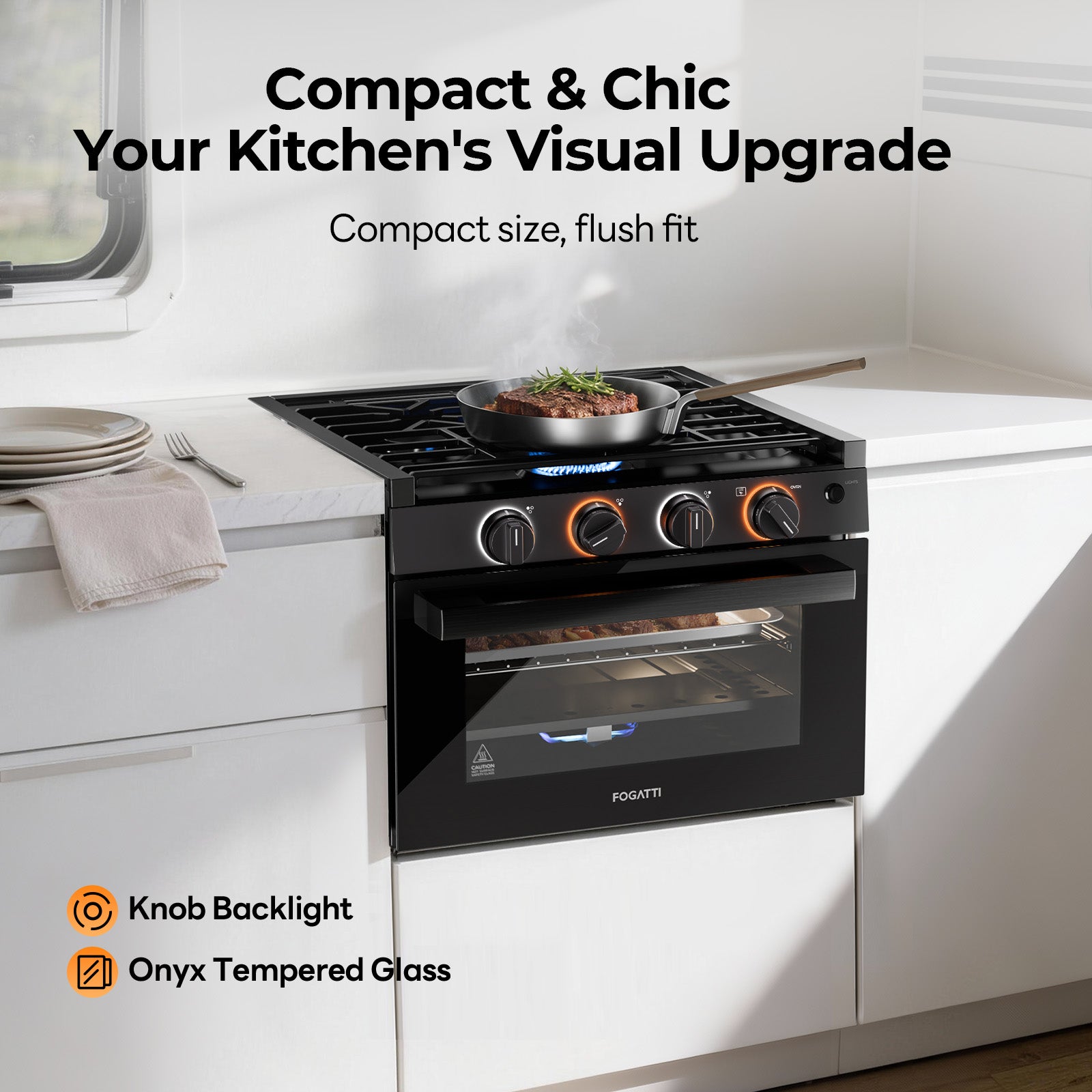 FOGATTI 17-Inch RV Oven Stove Combo, 3 Burner Propane Gas Range for Travel Trailer & Camper