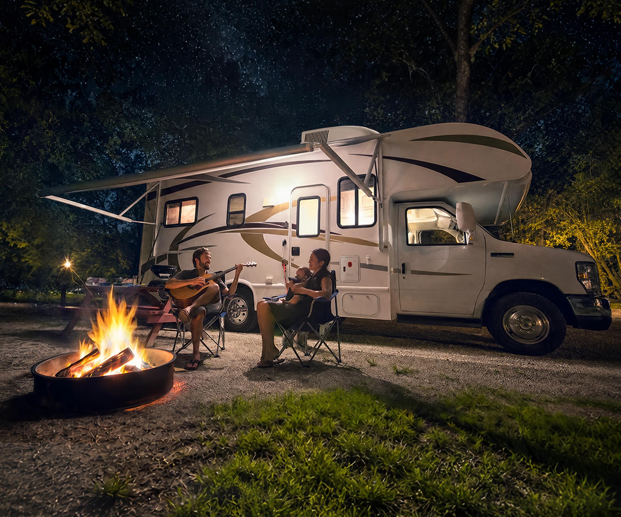 Fogatti S'mores Day RV campsite at night