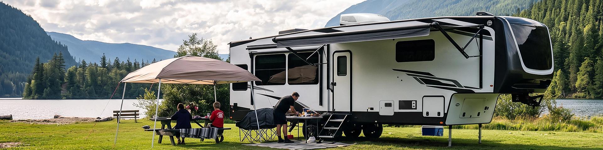 A family gathers around a campfire, enjoying time together near their motor home in a serene outdoor setting.