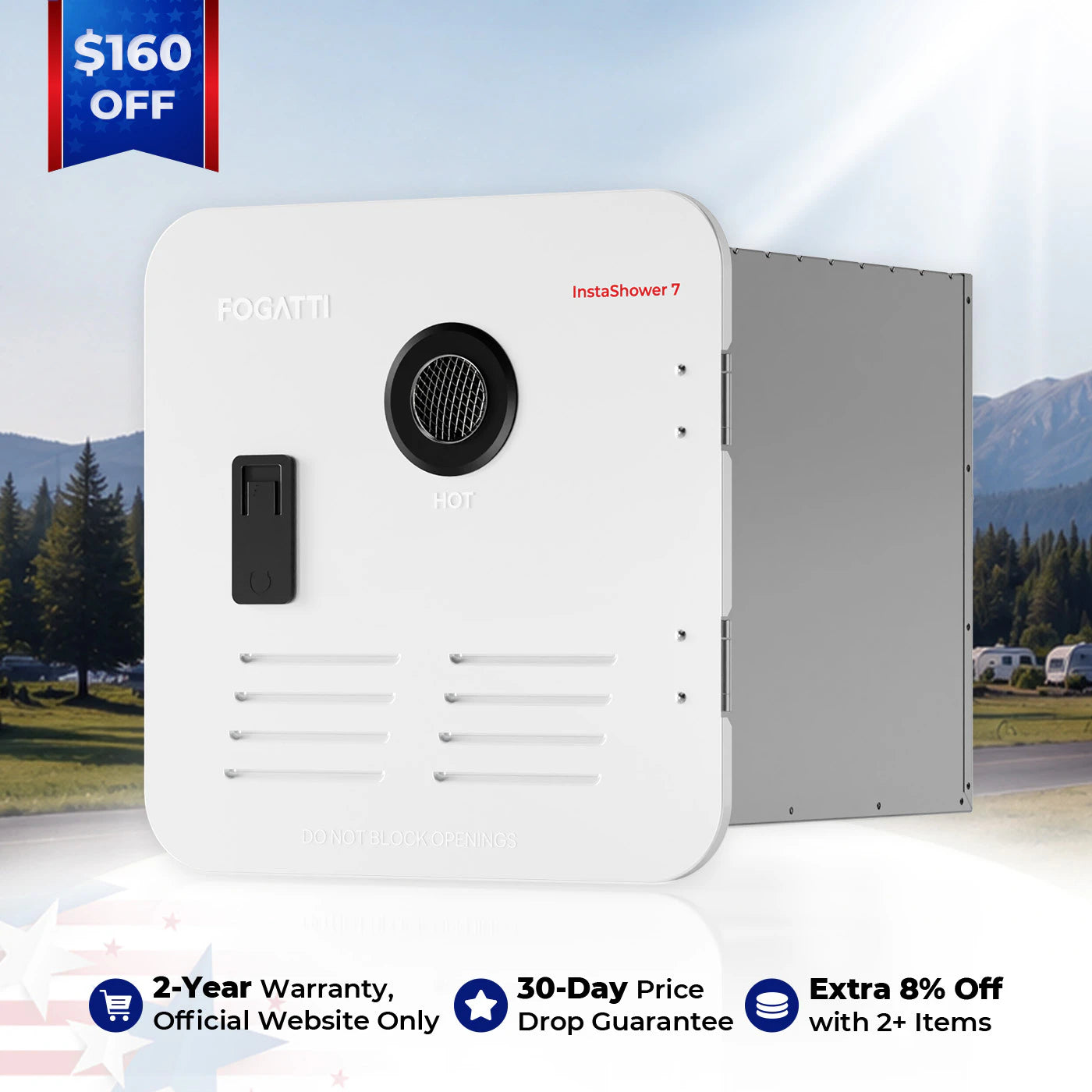 Fogatti InstaShower 7, 48,000 BTU RV Tankless Water Heater with Door
