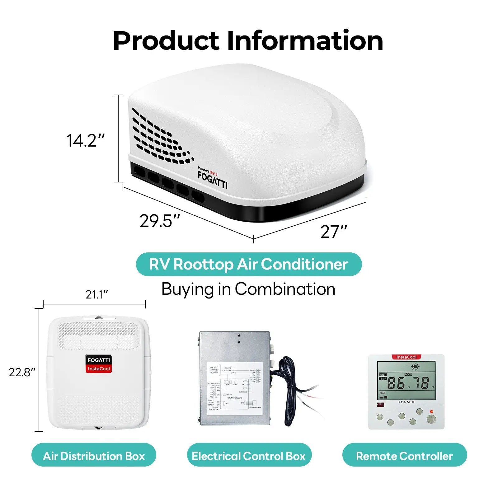 Fogatti InstaCool 15,000 BTU RV Rooftop Air Conditioner | Heat & Cool | Replaceable Non-Ducted/Ducted RV AC | 115V(AC)