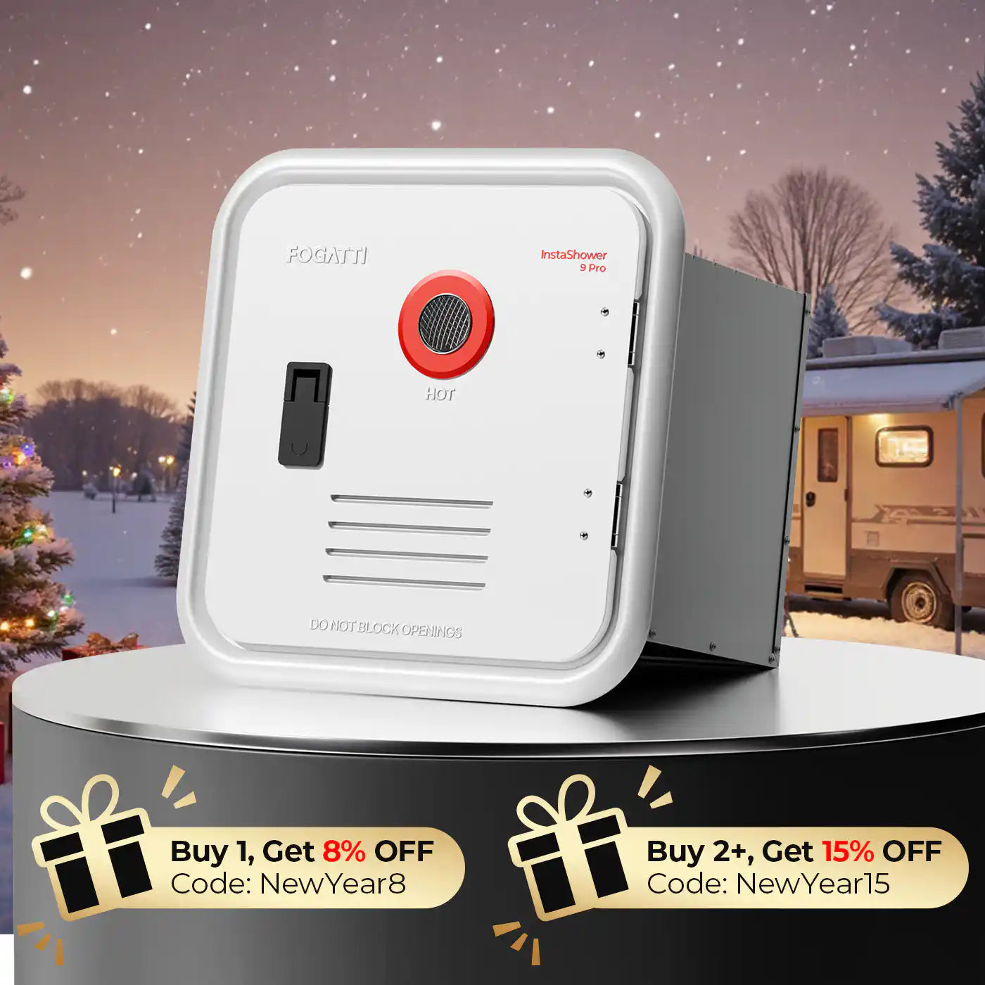 Fogatti InstaShower 9 Pro, 66,000 BTU RV Tankless Water Heater with Door & Mixing Tank