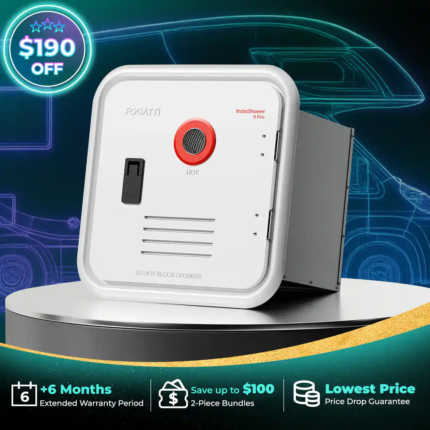 Fogatti InstaShower 9 Pro, 66,000 BTU RV Tankless Water Heater with Door & Mixing Tank