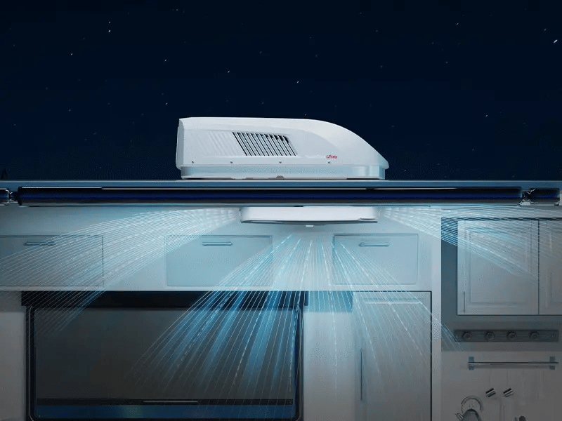 Fogatti RV air conditioner in wide-area cooling mode for rapid temperature control.