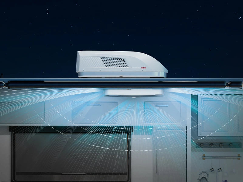 Fogatti InstaCool Ultra RV AC in sweeping mode for fast cooling and wide air circulation