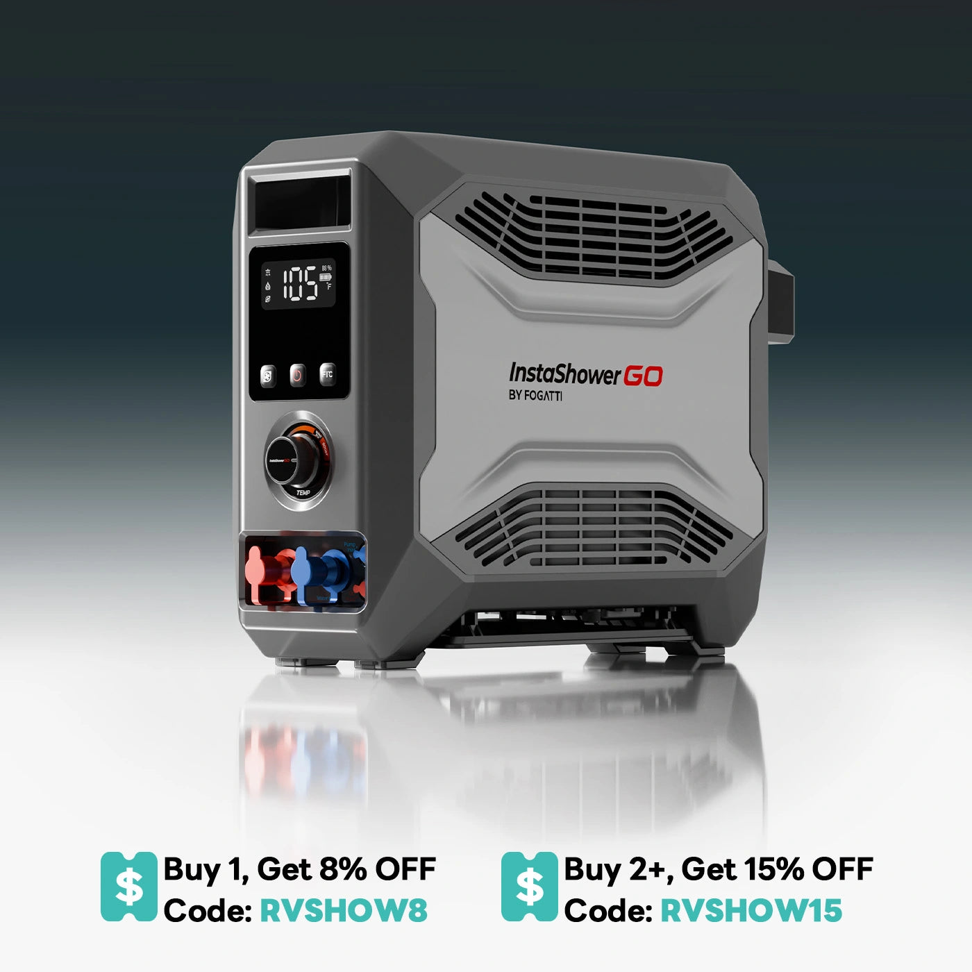 Fogatti InstaShower GO Outdoor Portable Water Heater with Water Pump, 19000BTU