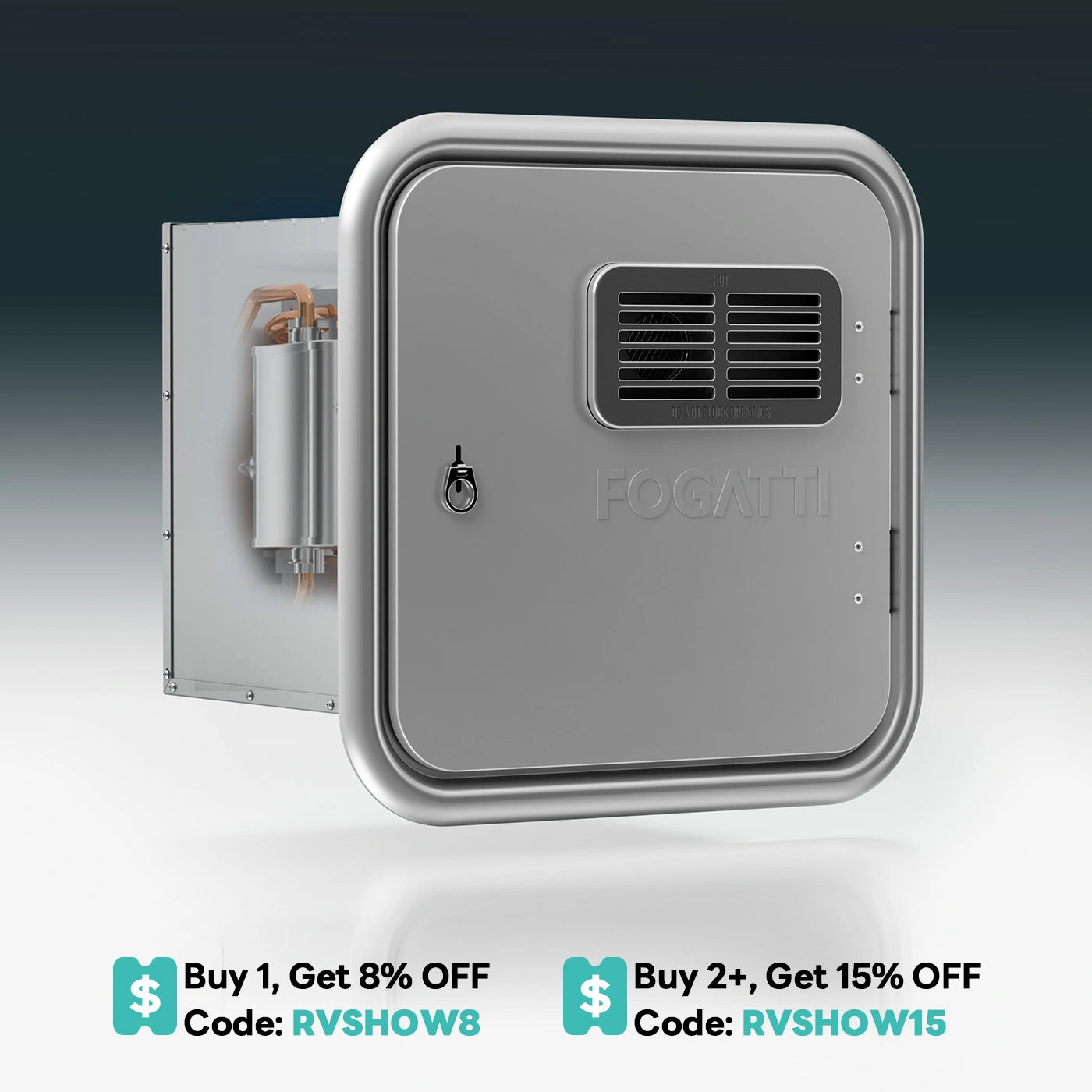 Fogatti InstaShower Ultra, 66,000 BTU, 0.5-3.9 GPM RV Tankless Water Heater with Gray Door & Mixing Tank(Supreme Series)