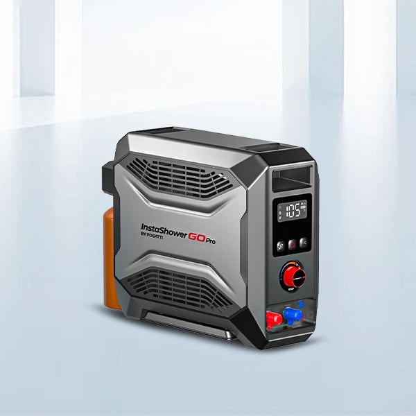 Fogatti InstaShower GO Pro Outdoor Portable Water Heater (22000BTU, with water pump) shows digital display & control knobs, perfect for outdoor use.