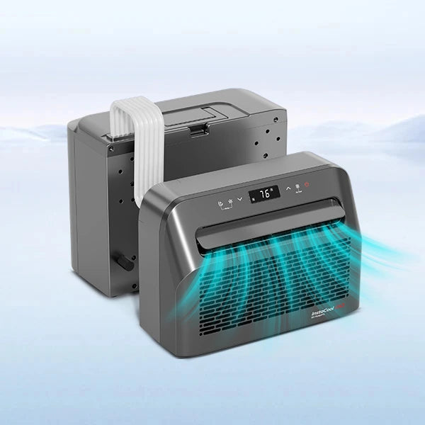 Fogatti InstaCool Go Portable Air Conditioners (6500 BTU Mini Split) shown, cooling air flowing out, ideal for portable cooling needs.