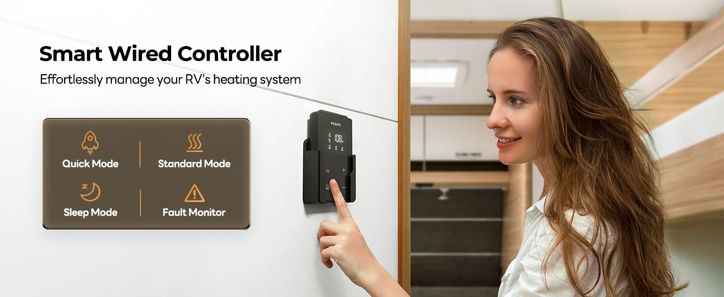 Fogatti 35,000 BTU furnace with smart wired controller for quick, standard, and sleep modes.
