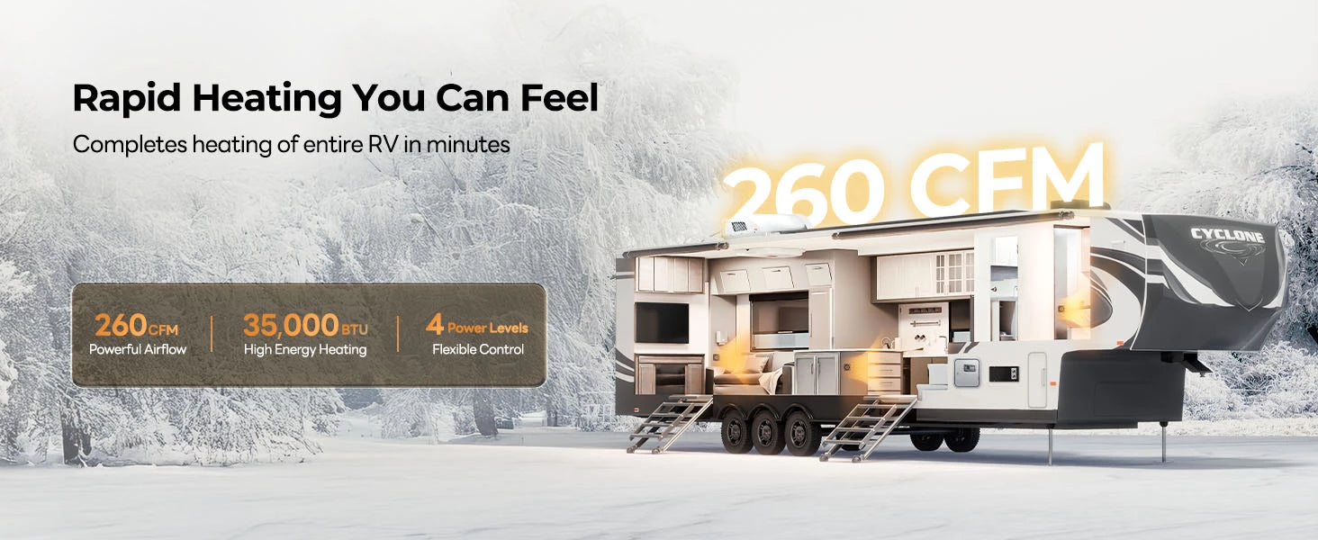 Fogatti 35,000 BTU LP gas furnace rapidly heats entire RV with powerful 260 CFM airflow.