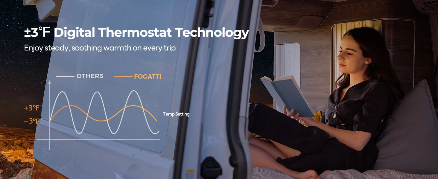 Fogatti 35,000 BTU furnace with precise ±3°F digital thermostat for steady RV warmth.