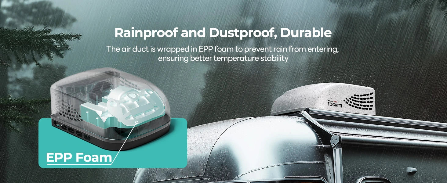 Fogatti InstaCool rooftop AC with EPP foam insulation for rainproof, dustproof durability and temperature stability.