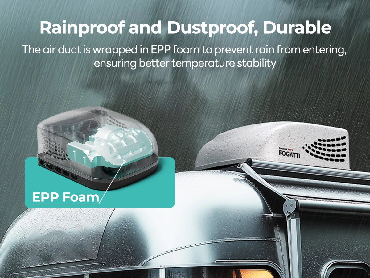 Durable Fogatti 11,000 BTU RV AC features EPP foam-wrapped ducts to prevent rain and dust ingress.