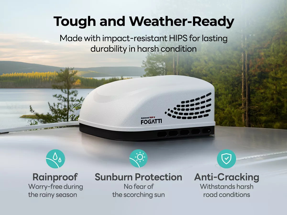 Durable Fogatti 11,000 BTU RV AC unit built to withstand sun, rain, and rough road conditions.