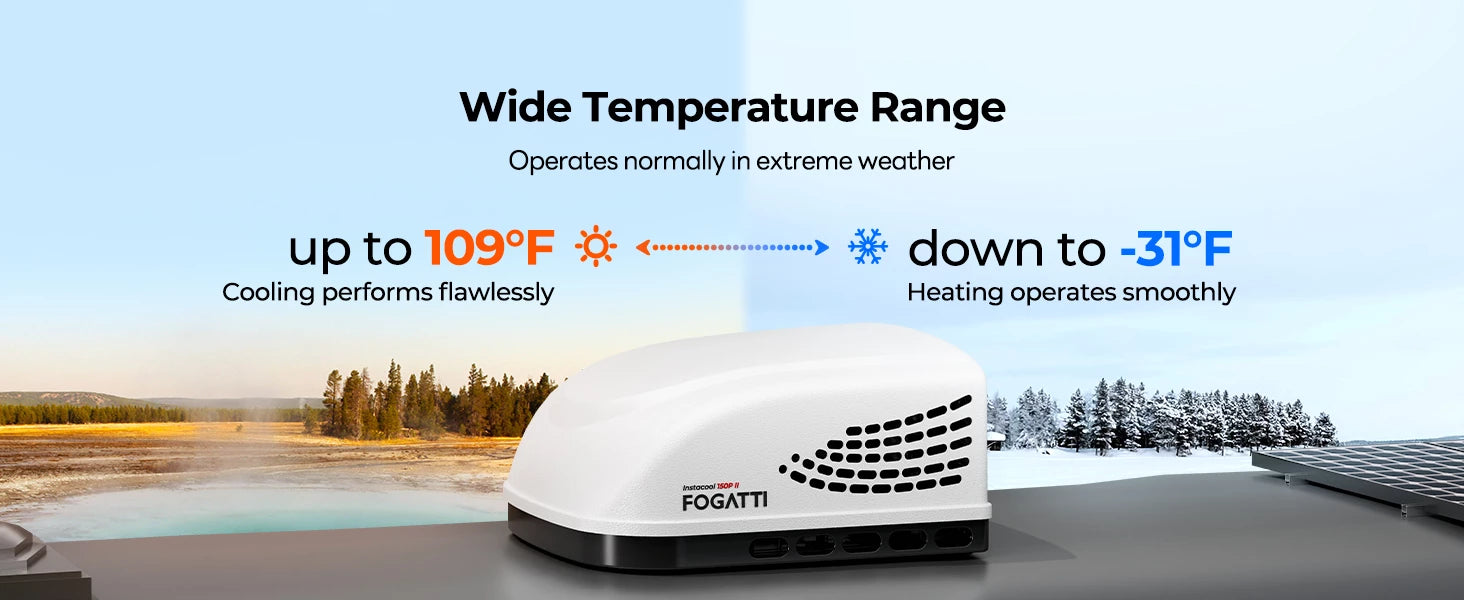 Fogatti InstaCool rooftop AC operates from -31°F to 109°F for reliable heating and cooling.