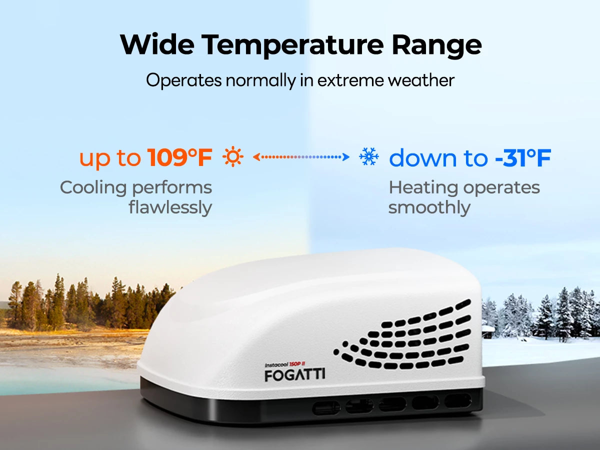 Extreme weather performance: Fogatti 15,000 BTU RV AC works from -31°F to 109°F.