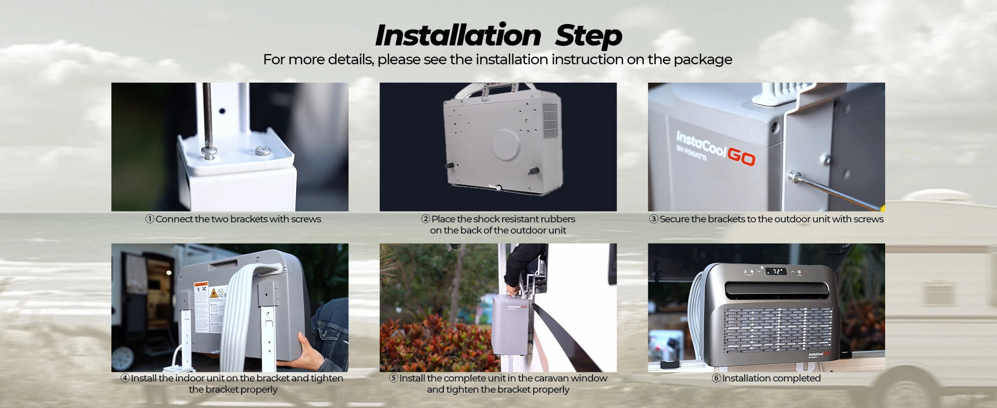 Easy DIY setup for Fogatti window AC: attach brackets, secure units, and install in RV window.