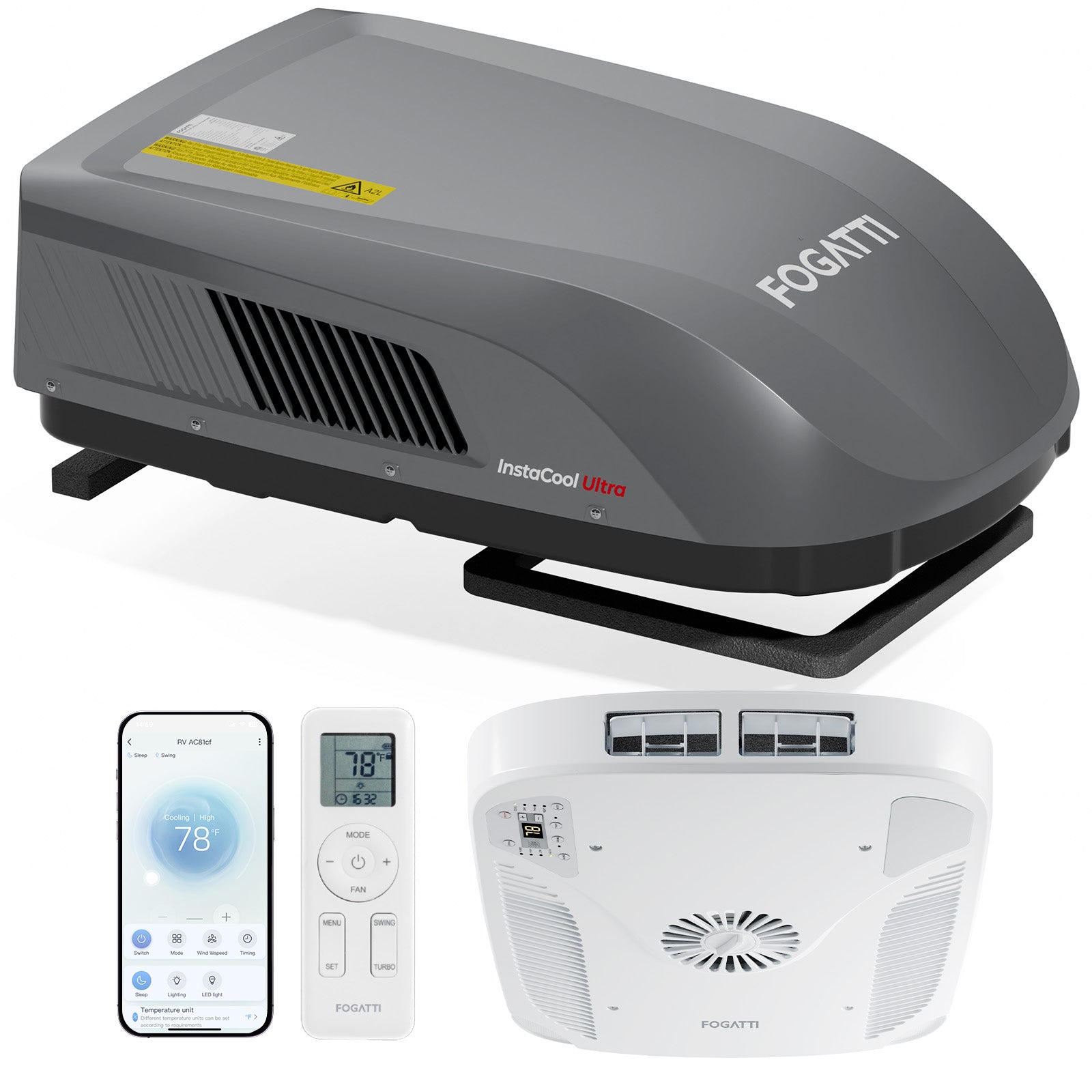 Fogatti InstaCool Ultra Rooftop RV Air Conditioner | 16,000 BTU Cooling with Heating | Non-Ducted