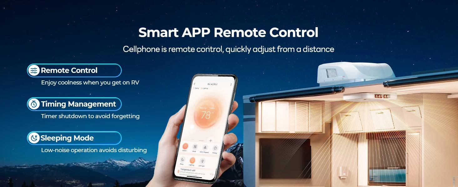 Fogatti InstaCool Ultra RV AC with smart app control for remote adjustment, timers, and sleep mode.