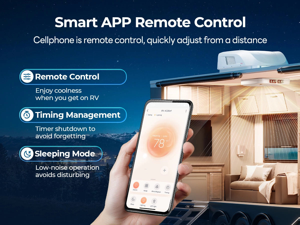 Fogatti RV AC features app-controlled cooling with timer and quiet night modes.