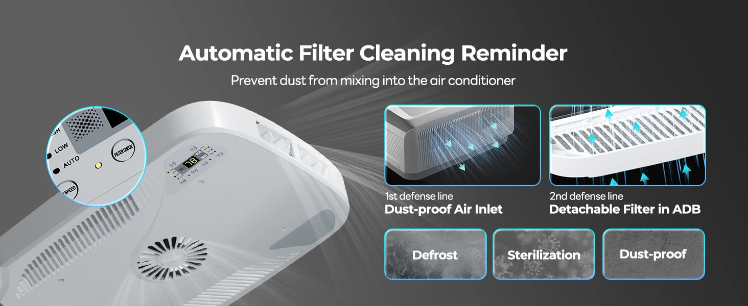 Fogatti InstaCool Ultra RV AC with auto filter reminder and dust-proof defense system for clean air.