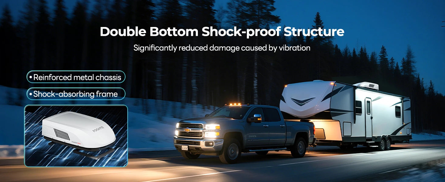 Fogatti InstaCool Ultra RV AC features shock-proof double bottom structure for vibration resistance.
