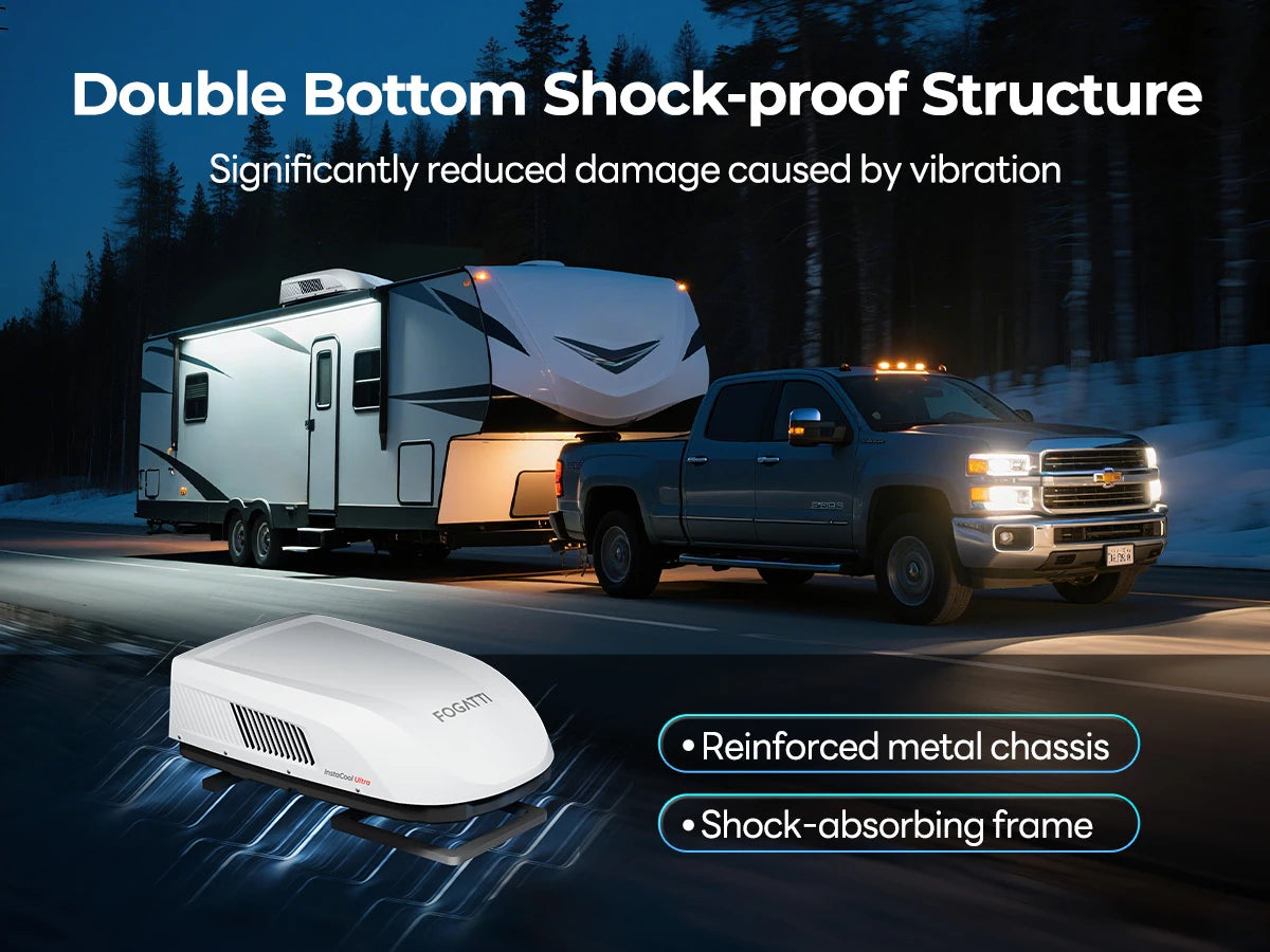 Fogatti RV AC with reinforced metal chassis and shock-absorbing frame for durability.