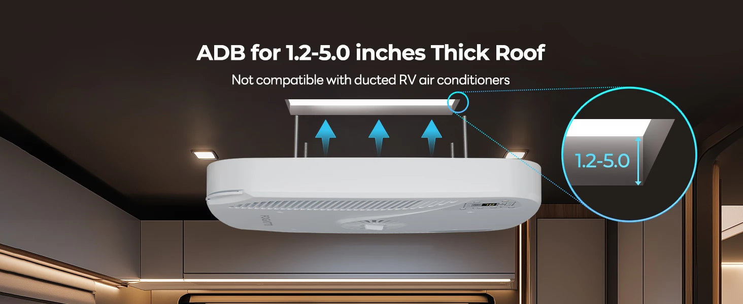 Fogatti InstaCool Ultra RV AC fits roofs 1.2-5 inches thick (not for ducted systems).