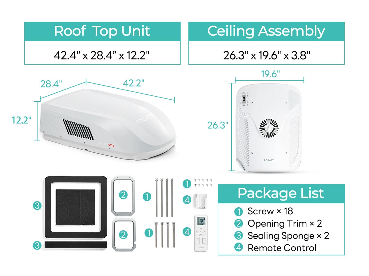 Fogatti RV rooftop AC (42.2"L × 28.4"W × 12.2"H) with complete installation kit.
