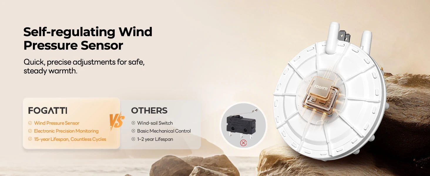 Fogatti InstaHeat furnace with wind pressure sensor for 15-year lifespan and precise heating.