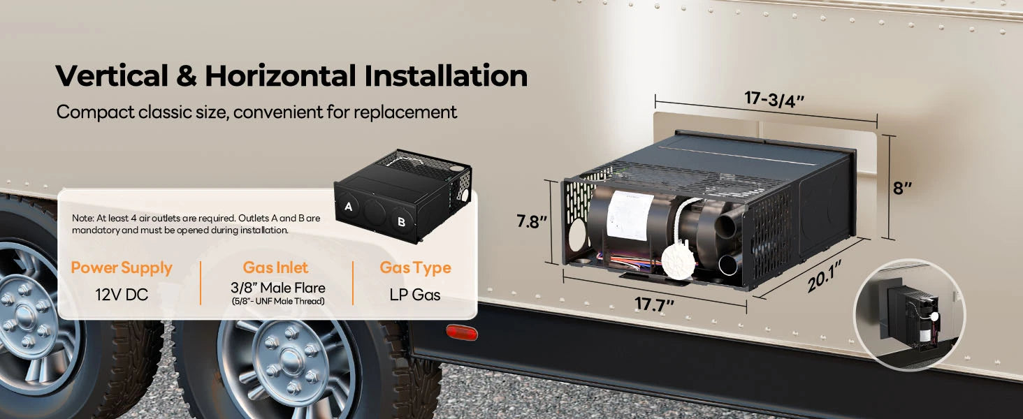 Fogatti InstaHeat 30K BTU furnace supports vertical/horizontal installation for easy RV replacement.