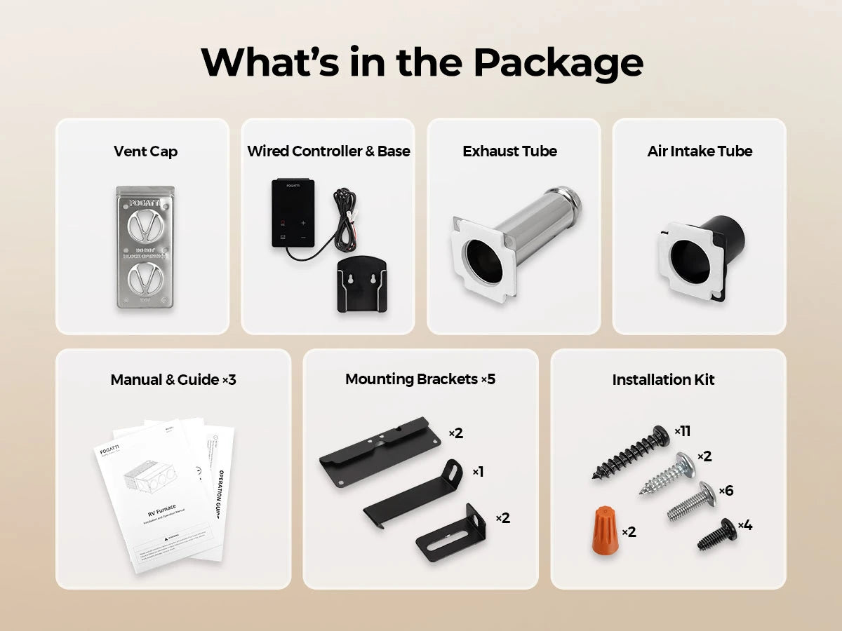 Complete Fogatti RV furnace package with all necessary components for straightforward installation.