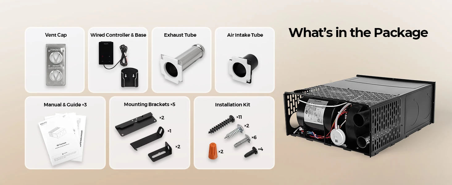 Fogatti InstaHeat 30K BTU furnace kit includes vent cap, controller, tubes, and brackets.