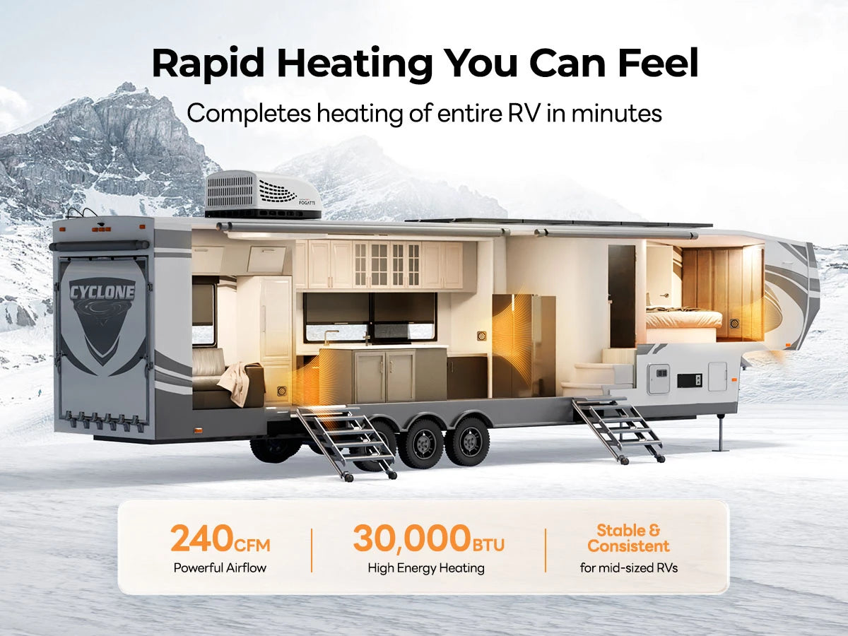 Efficient 30,000 BTU Fogatti RV furnace delivers consistent warmth for mid-sized vehicles.