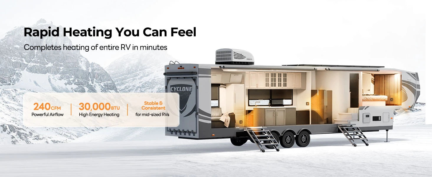 Fogatti InstaHeat 30K BTU furnace rapidly heats entire RV with powerful airflow.