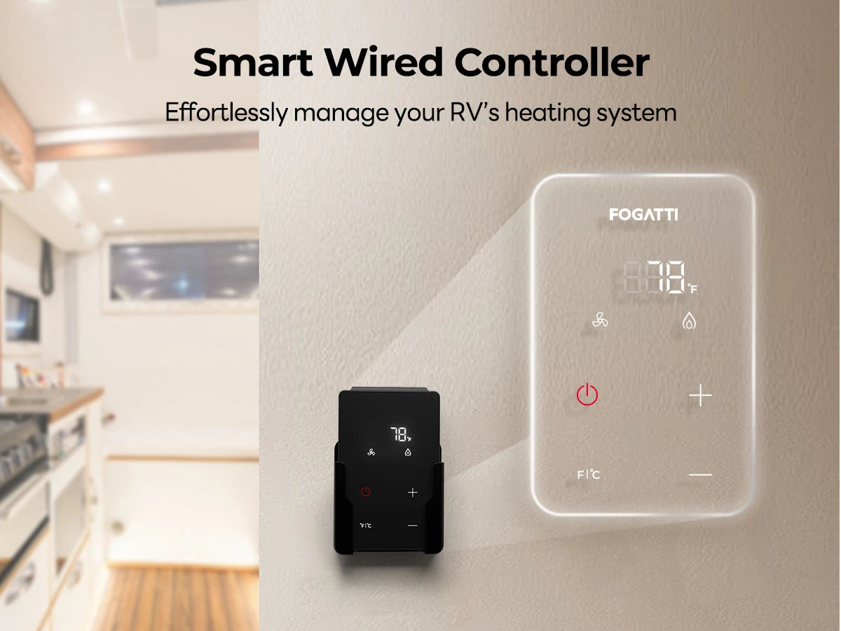 Convenient wired controller for precise heating control in Fogatti RV furnace.